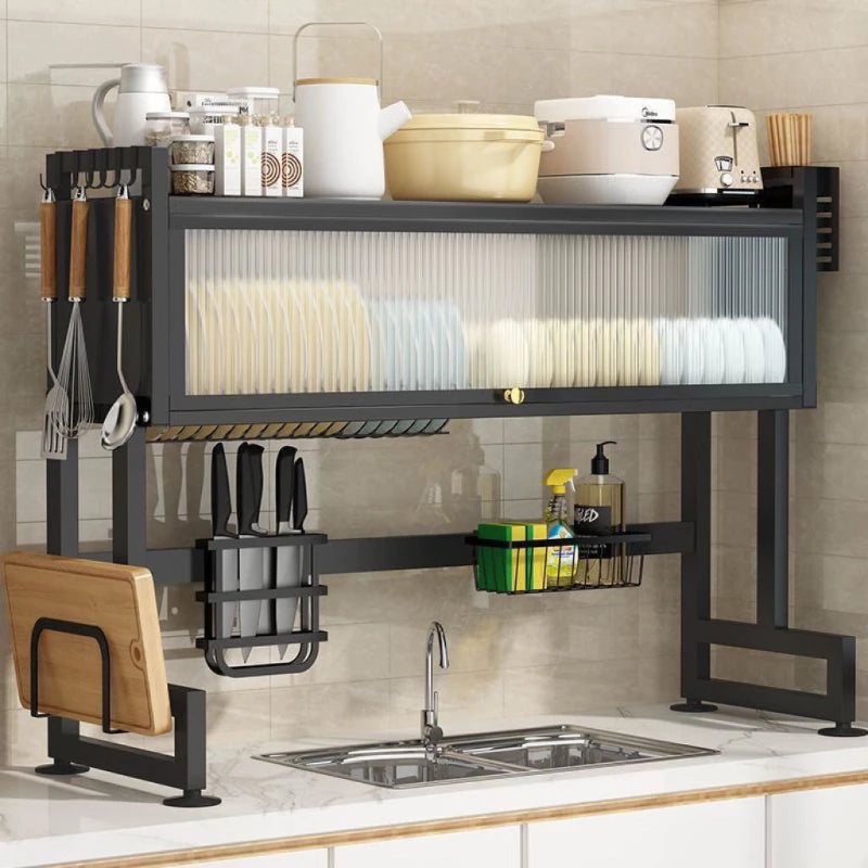 Heat-Resistant Multi-Tier Carbon Steel Cabinet Dish Storage with Closed Doors for Compact Kitchen Spaces Practical Shelving