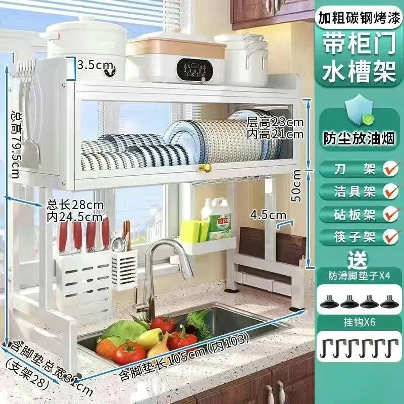 Heat-Resistant Multi-Tier Carbon Steel Cabinet Dish Storage with Closed Doors for Compact Kitchen Spaces Practical Shelving