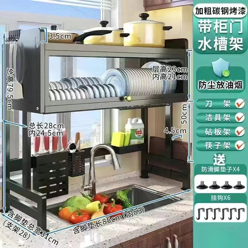Heat-Resistant Multi-Tier Carbon Steel Cabinet Dish Storage with Closed Doors for Compact Kitchen Spaces Practical Shelving