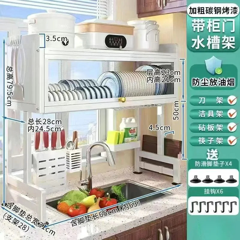 Heat-Resistant Multi-Tier Carbon Steel Cabinet Dish Storage with Closed Doors for Compact Kitchen Spaces Practical Shelving