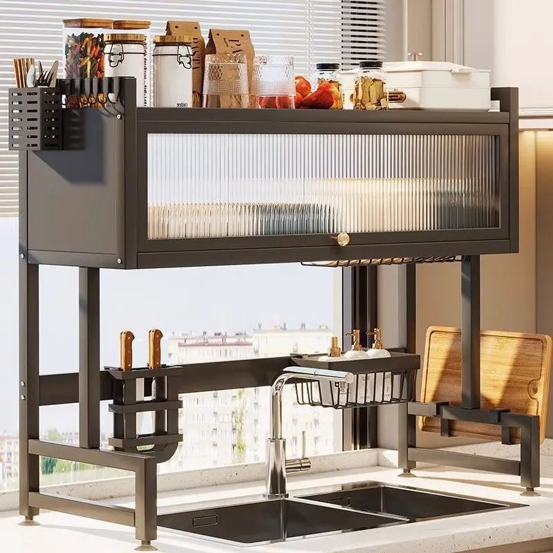 Heat-Resistant Multi-Tier Carbon Steel Cabinet Dish Storage with Closed Doors for Compact Kitchen Spaces Practical Shelving