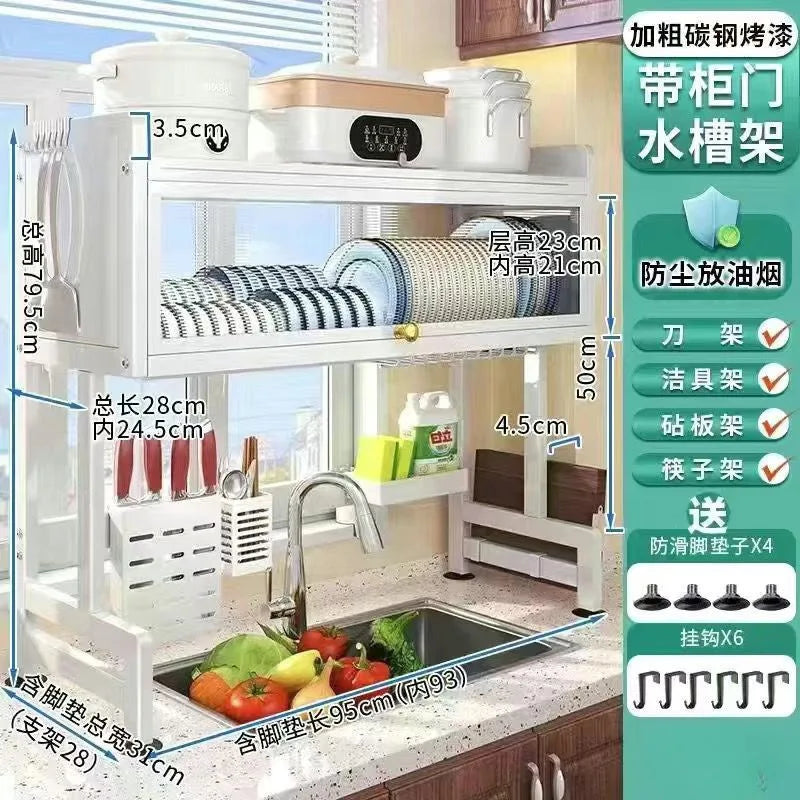 Heat-Resistant Multi-Tier Carbon Steel Cabinet Dish Storage with Closed Doors for Compact Kitchen Spaces Practical Shelving