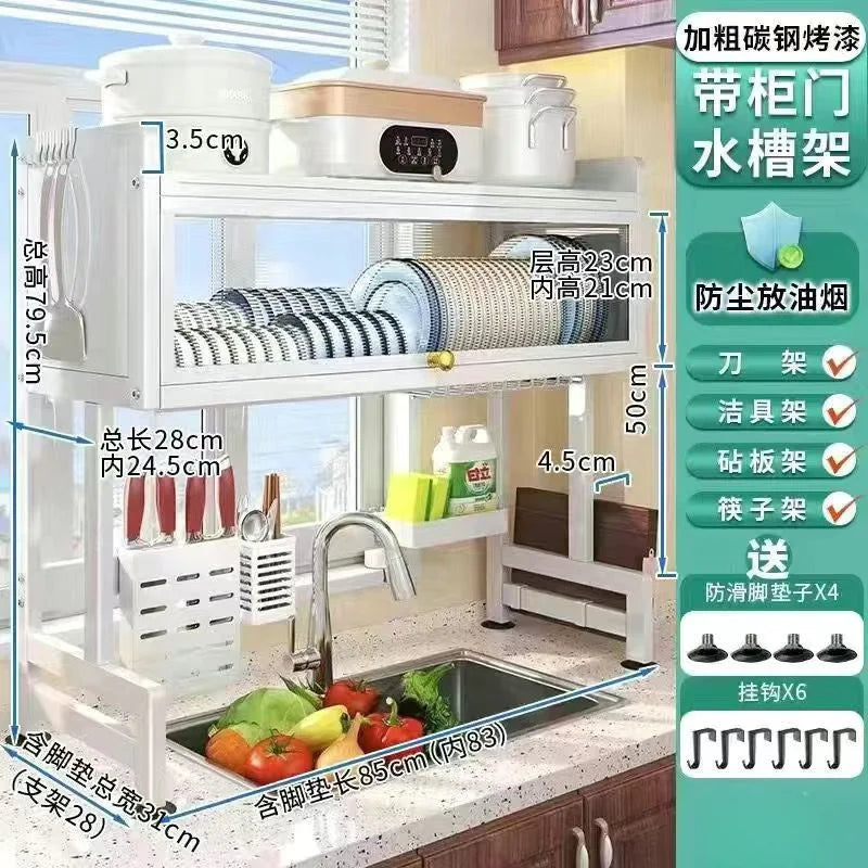 Heat-Resistant Multi-Tier Carbon Steel Cabinet Dish Storage with Closed Doors for Compact Kitchen Spaces Practical Shelving