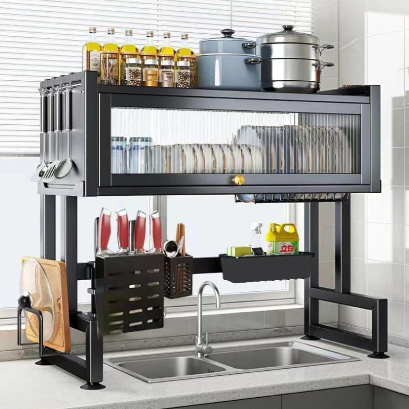 Heat-Resistant Multi-Tier Carbon Steel Cabinet Dish Storage with Closed Doors for Compact Kitchen Spaces Practical Shelving